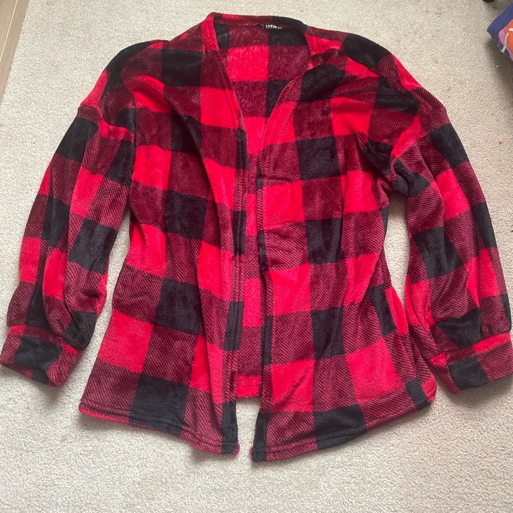 SHEIN Red and Black Plush Cardigan